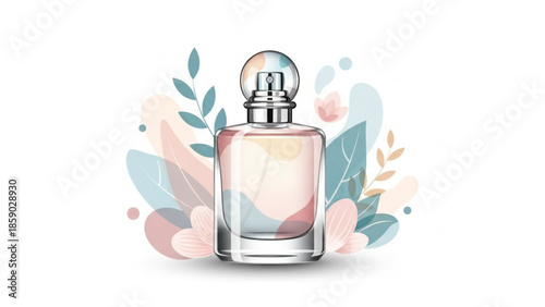 Fresh and elegant vector illustration featuring a perfume bottle with botanical-inspired shapes, ideal for natural fragrance marketing and beauty product promotions.