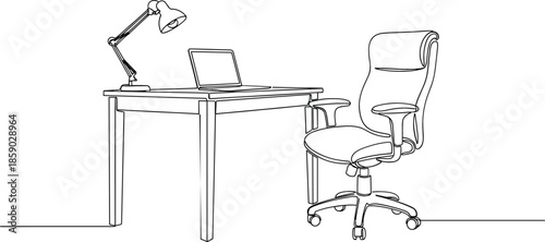 Minimalist continuous line art vector of a home office desk with laptop task lamp and ergonomic executive chair.