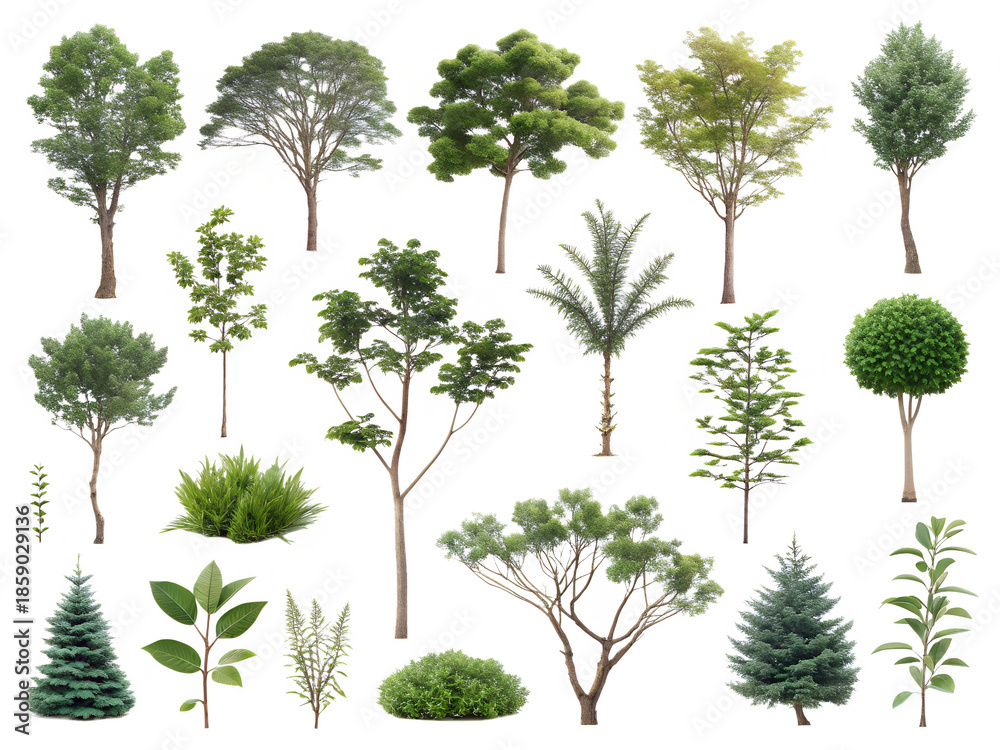 Fototapeta premium Collection of Isolated Green Trees and Plants on White Background