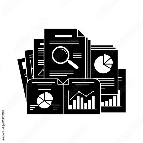 Collection of analytical documents with data charts and graphs.