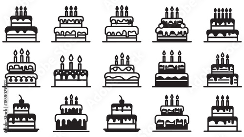 Large vector set of birthday celebration cakes with candles and various decorative designs
