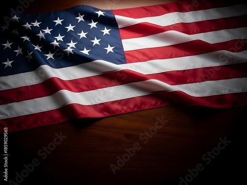 American Flag on Dark Wood with Vignette - Freedom, Democracy, Patriotic Symbol, Copy Space
