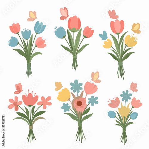 Whimsical spring flower bouquet vector collection with butterflies