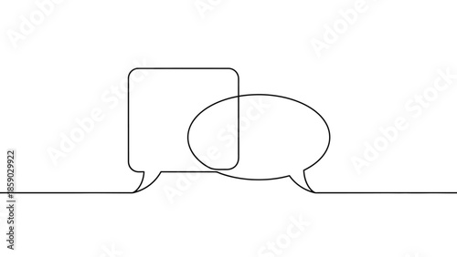 A minimalist, continuous line drawing depicting two overlapping speech bubbles, symbolizing communication and conversation.