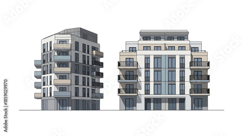 Architectural rendering of a modern multi-story residential building with balconies and large windows.
