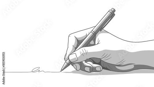 A detailed black and white illustration of a hand holding a pen and signing a document.