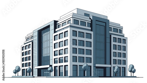 A detailed illustration of a modern, multi-story office building with a glass facade and clean lines.