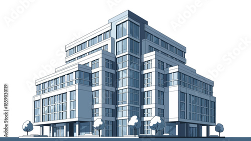 A detailed architectural rendering of a modern, multi-story commercial office building with glass facades and a stepped design.