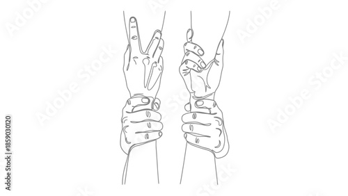 Two hands are holding each other tightly, one hand showing the peace sign, the other clenched in a fist.