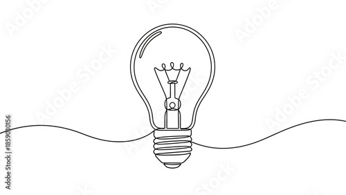 A minimalist continuous line drawing of a classic incandescent light bulb on a white background.