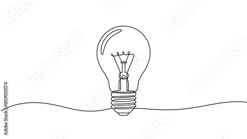 A minimalist continuous line drawing of a classic incandescent light bulb with its filament visible, resting on a wavy line.