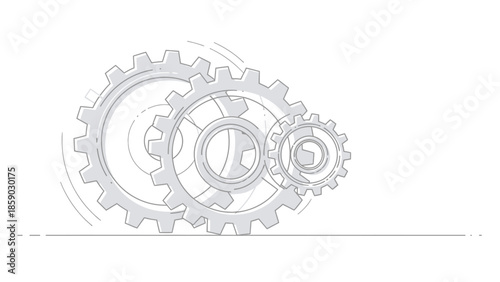 A schematic illustration of three interlocking gears of varying sizes, rendered in a minimalist, line-art style against a white background.