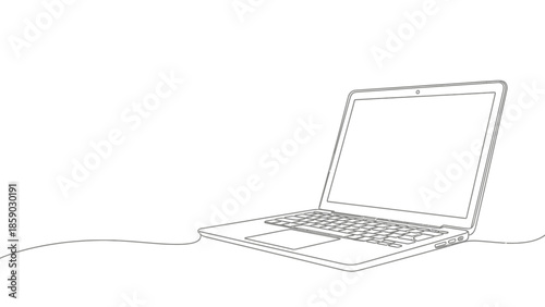 A minimalist line drawing of an open laptop computer with its screen facing forward, set against a plain white background.