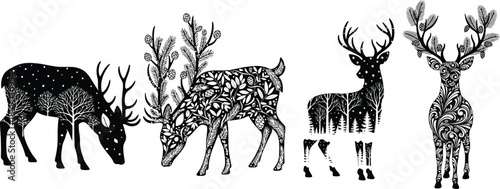 Set of four black and white graphic silhouettes of reindeer with intricate forest and floral patterns within their bodies and antlers.