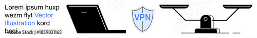 Online privacy, digital security, data protection, internet safety, balance, confidentiality. Laptop beside a VPN shield and a balance scale icon. Online privacy and digital security theme