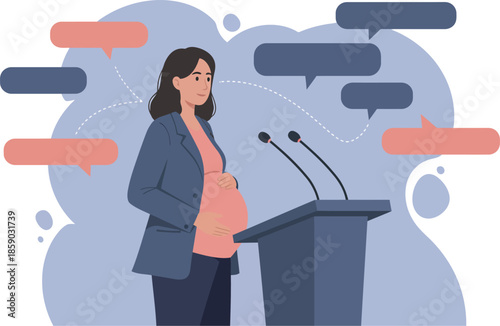 Pregnant businesswoman speaking at a podium with microphones and