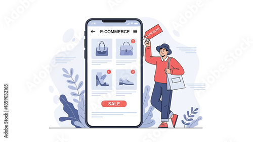 Modern Flat Vector Illustration of Online Shopping Concept with Smartphone and Man Carrying Tote Bag