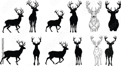 Collection of diverse reindeer silhouettes in various poses against a stark white background