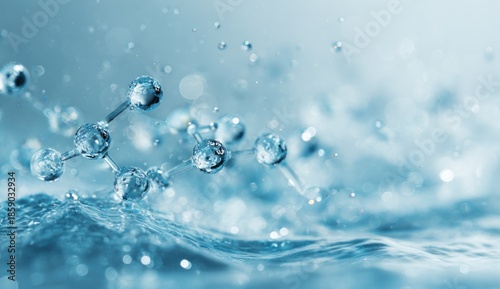 Clear water splash with droplets forming molecular structures in mid air.