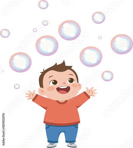 Cartoon boy playing with colorful bubbles on a white background
