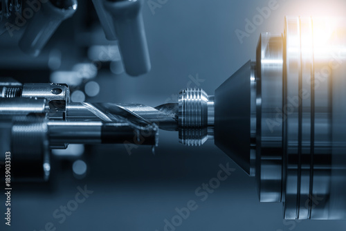 The multi tasking CNC lathe machine Swiss type bore cutting process the metal tube parts in the light blue scene.