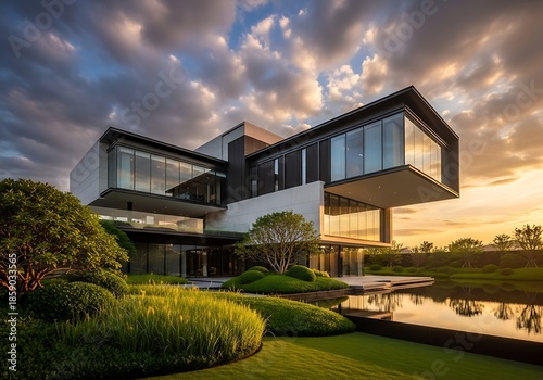 Architectural masterpiece: modern villa with cantilevered design and extensive glazing at sunset