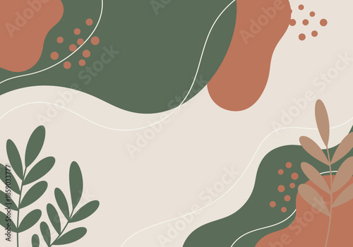 Abstract illustration of green and orange shapes with leafy elements