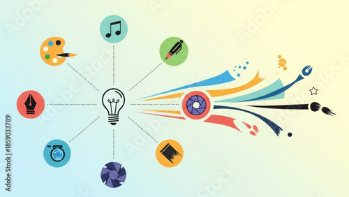 Creative ideas and artistic expression emanating from a central lightbulb symbol surrounded by various artistic tools and symbols on a gradient background