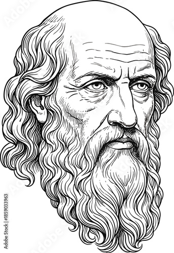 Detailed hand drawn black and white line art vector illustration of a wise elderly man with a long beard and wavy hair.
