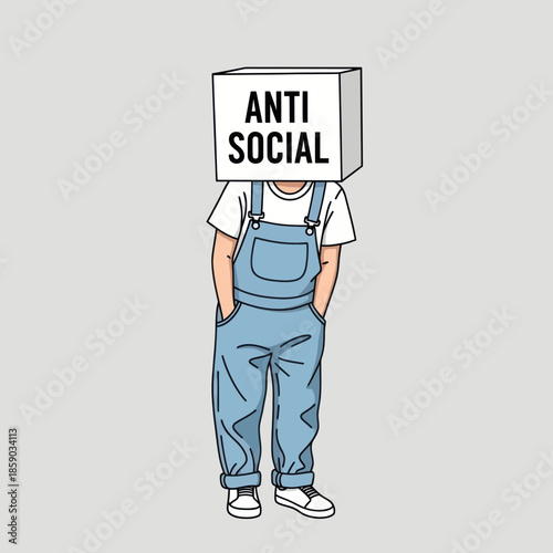Person Wearing Box with Anti Social Text.