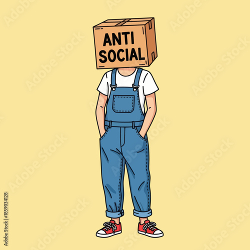 Person Wearing Cardboard Box with Anti Social Text.