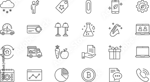 Professional linear vector icon set featuring weather elements food truck science lab equipment musical instruments business analytics and green technology symbols for creative projects.