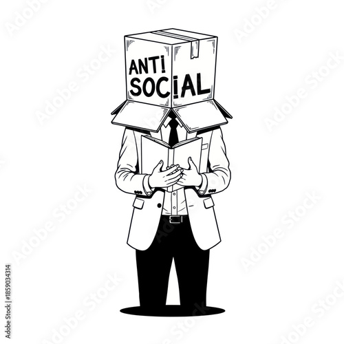 Man Wearing Cardboard Box with Anti Social.