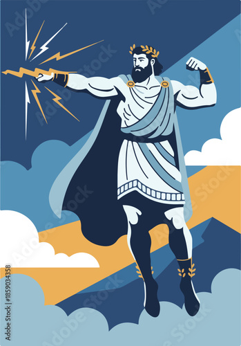 Zeus King of the Gods Wielding Lightning Bolt in the Sky.