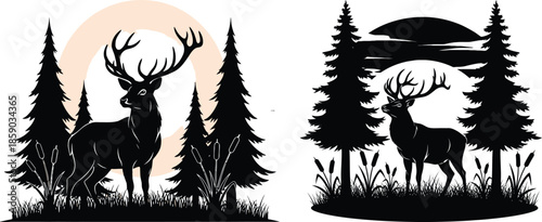 Reindeer herd silhouette set with pine trees and sun graphic design