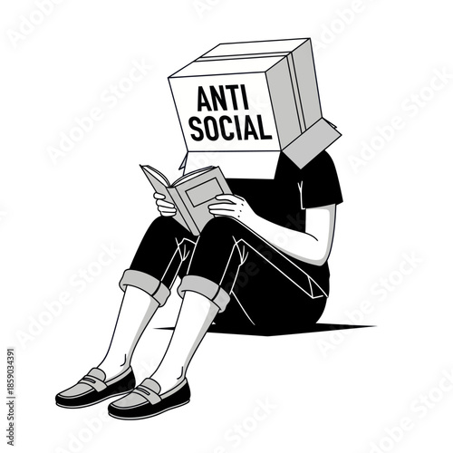 Person with Cardboard Box on Head Reading.