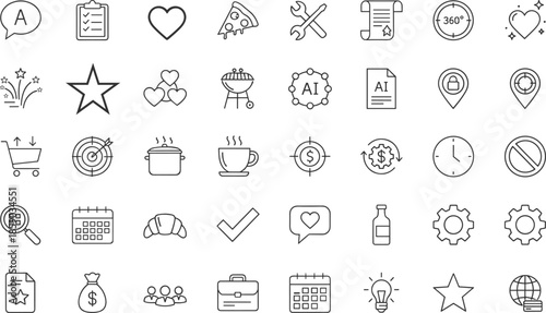Versatile minimalist thin line vector icon set featuring food lifestyle business finance artificial intelligence and general utility symbols for professional web and mobile app design.