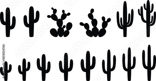 Desert cactus silhouettes set featuring saguaro and prickly pear shapes, minimal black vector icons, isolated botanical illustration collection for design
