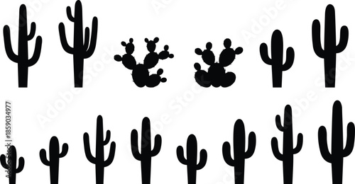Desert cactus silhouettes set, saguaro and prickly pear shapes, minimalist botanical vector icons isolated on white background illustration, collection, design