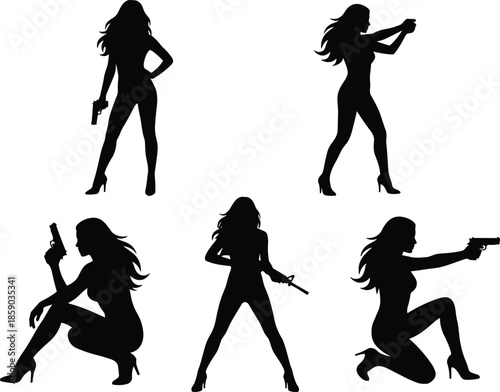 Female spy silhouettes with guns, secret agent poses, action woman detective figures isolated on white background vector illustration set collection