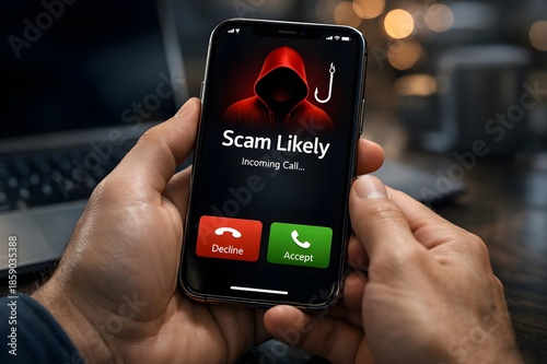 Smartphone scam call and phishing concept with unknown caller interface and hacker icon on screen