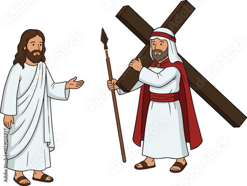 Cartoon illustration of Jesus speaking to man carrying wooden cross with spear, biblical scene artwork for Christian religion, faith, Easter themed design