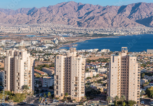 Aerial panoramic view on northern beach of the Red Sea and area of the biggest resort hotels in Eilat – famous tourist and recreation city in Israel