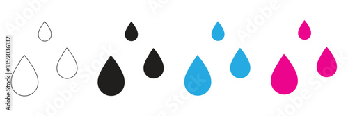A set of water drop icons in outline black blue and pink on a transparent background representing liquid precipitation or moisture in various forms and styles for graphic design elements.