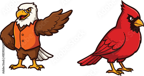 Cartoon eagle and cardinal mascot characters, vector bird illustration, animal design, children’s character art, school spirit logo, playful cartoon birds