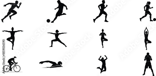 Collection of black silhouettes depicting various sports and athletic activities