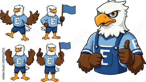 Cartoon eagle mascot character, bald eagle illustration, vector sports team logo, school spirit bird design, children’s character art, patriotic animal mascot