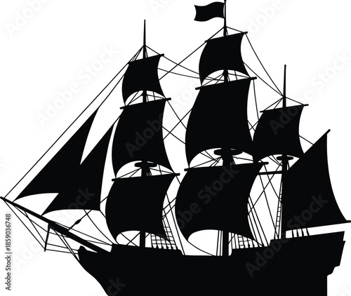 Sailing ship silhouette with tall masts and full sails, historic maritime vessel illustration isolated on white background nautical concept art