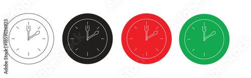 Set of four mealtime icons featuring clocks with fork and spoon hands, representing breakfast lunch and dinner, isolated on a clean white background for versatile design use