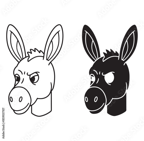Cartoon donkey heads in black and white vector illustration with playful expressions